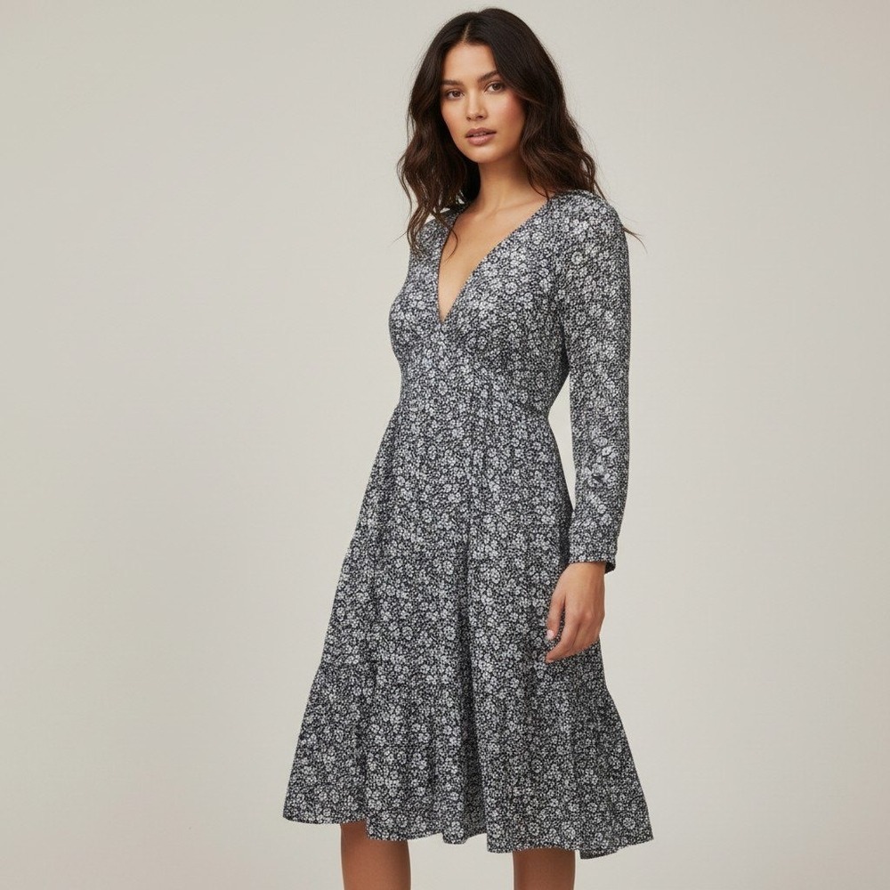 Faherty Sirene Mini Dress Navy Ditsy Floral V-Neck Long Sleeve XS WDS2431 NEW